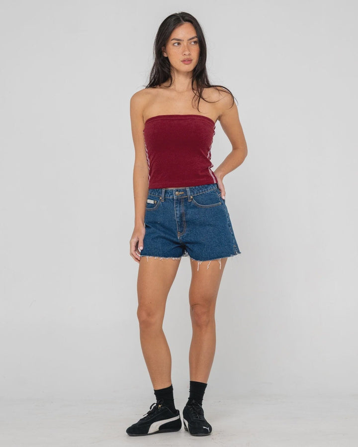 Rusty Penny Kick Flare Denim Shorts - Deep Sea Blue 