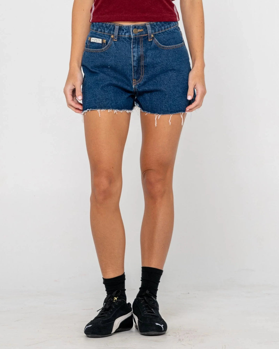 Rusty Penny Kick Flare Denim Shorts - Deep Sea Blue 