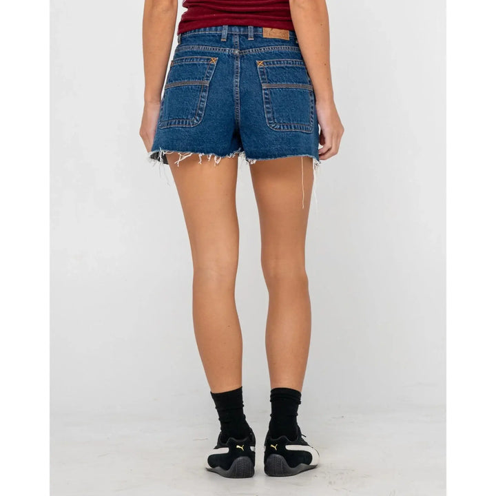 Rusty Penny Kick Flare Denim Shorts - Deep Sea Blue 