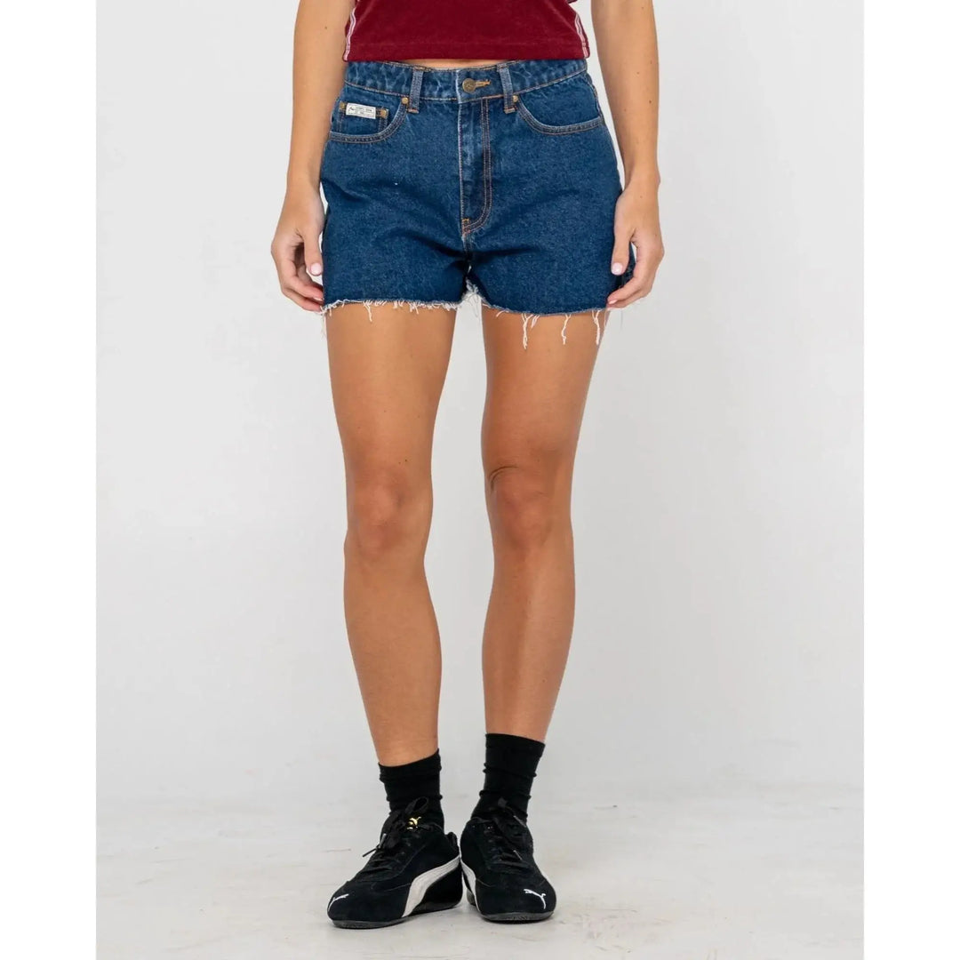 Rusty Penny Kick Flare Denim Shorts - Deep Sea Blue 