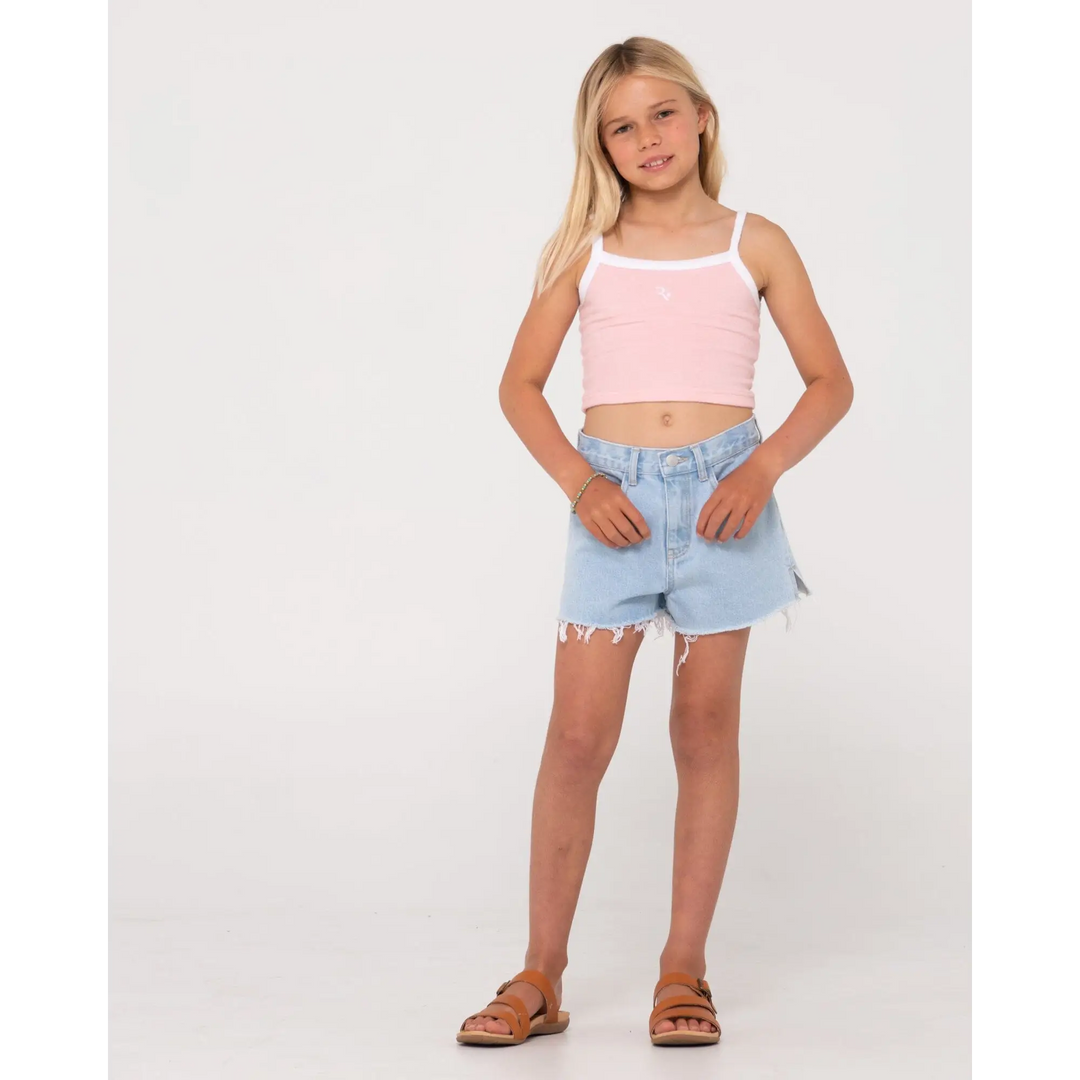 Rusty Penny Kick Flare Youth Denim Shorts Sky Blue Heather 8Y 