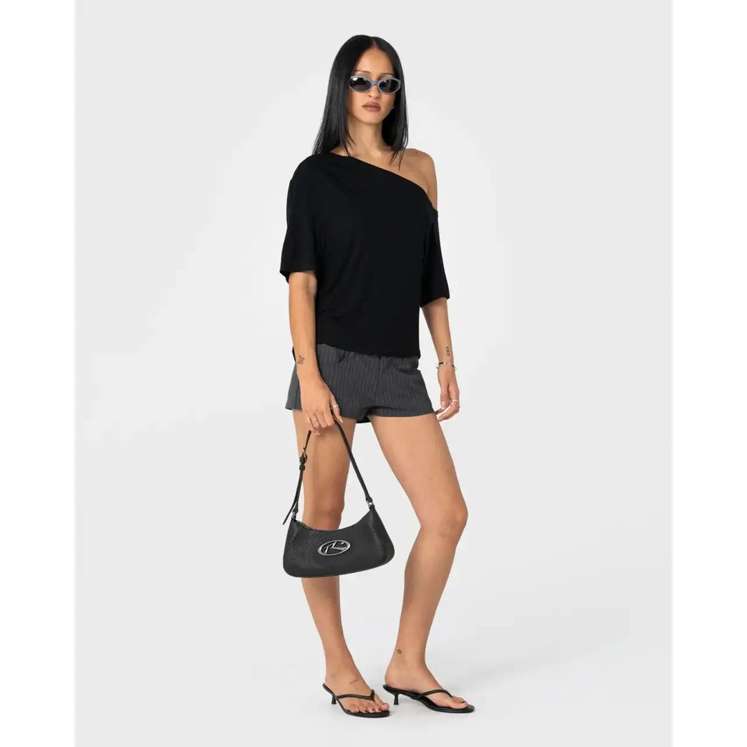 Rusty R Dot Buckle Leather Bag - Black
