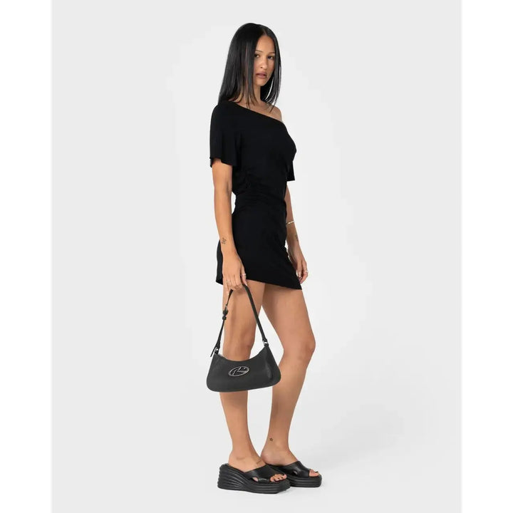 Rusty R Dot Buckle Leather Bag - Black