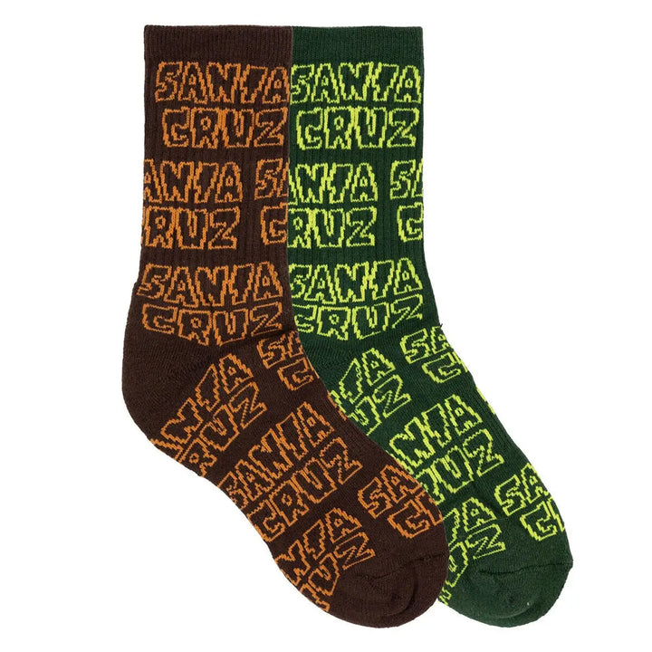 Santa Cruz Youth Multi Cruz Stack Repeat 2 Pack Crew Socks - Brown / Dark Green